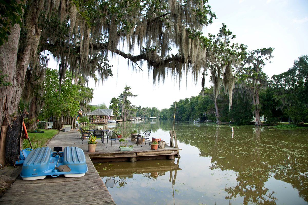 The cabins' wharf on Bayou Corne with pedal boats tied up